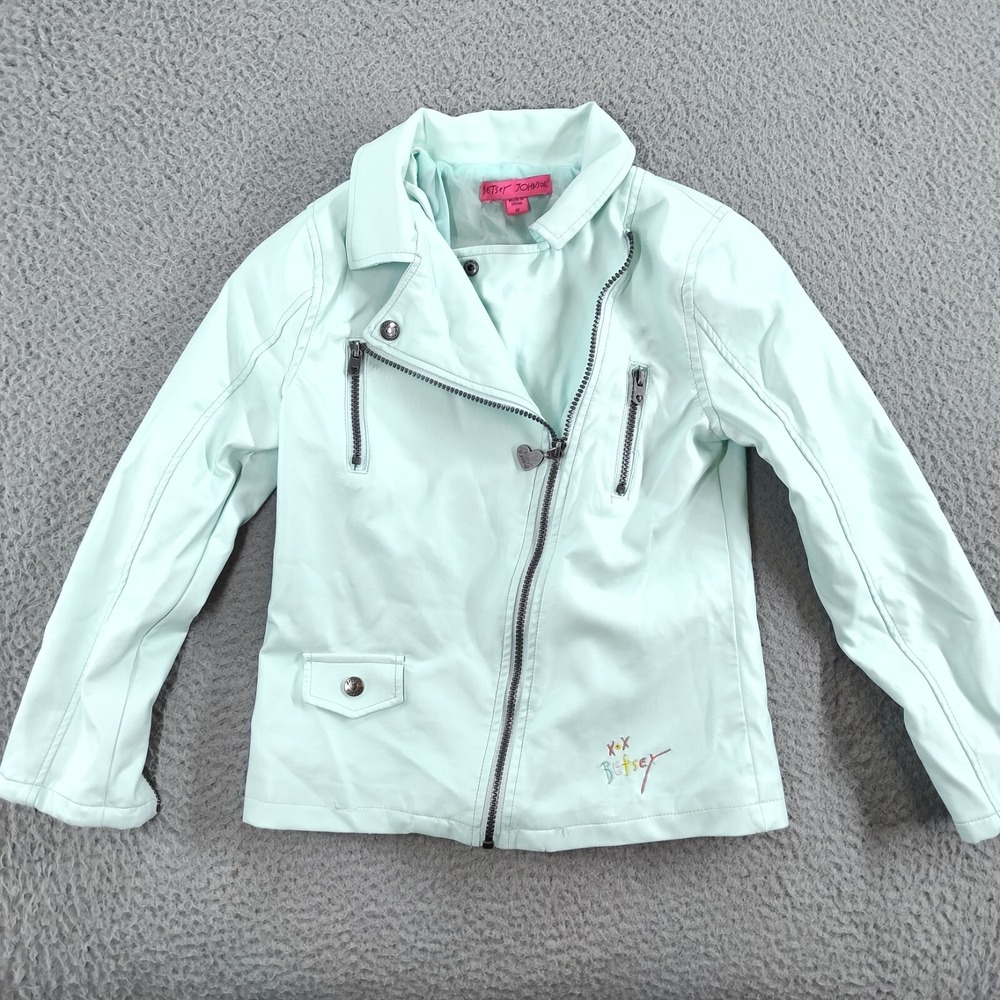 Betsey Johnson Faux Leather Jacket Girls 12 Mint Green Full Zip Biker Style